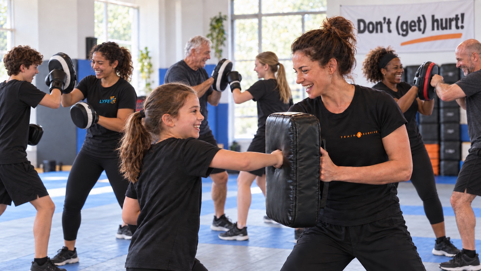 Fröhliche Kinder, Jugendliche und Erwachsene beim gemeinsamen Krav-Maga-Training